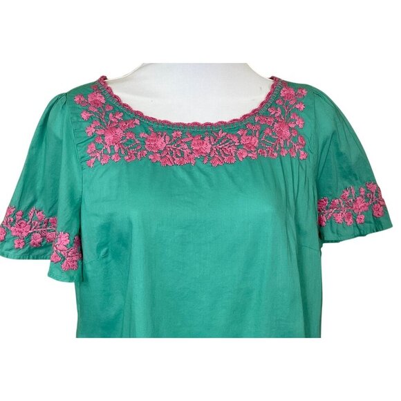 Talbots Short Flare Sleeve Aqua Green Cotton Pullover Pink Embroidery Crochet XS - Picture 2 of 6